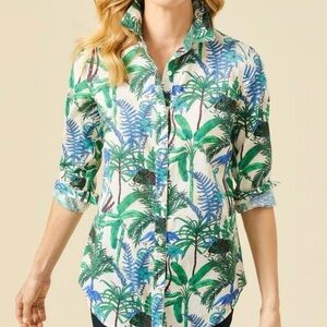 J. McLaughlin Women’s Small Lois Shirt Palm Forest Tropical White Blue G…